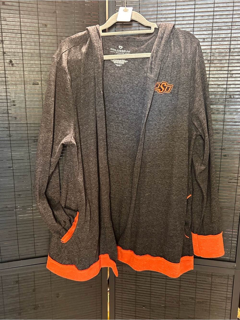 Colosseum Gray Oklahoma State University Hooded Open Cardigan with Orange Trim